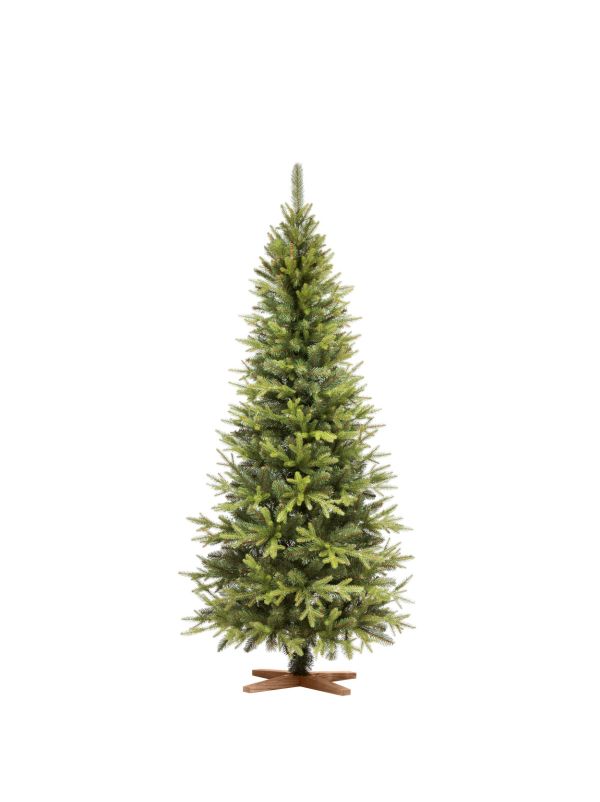 Wysoka, smukła sztuczna choinka FairyTrees FT05-180 – jodła Nordmanna o wysokości 180 cm z gałązkami formowanymi wtryskowo z PE i eleganckim drewnianym stojakiem.