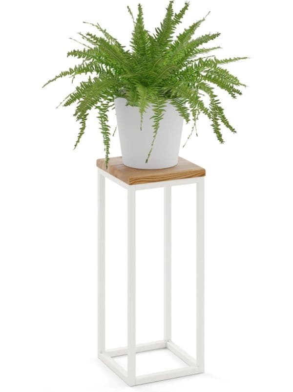 Kwietnik metalowy stojący biały z drewnianym blatem 50 cm