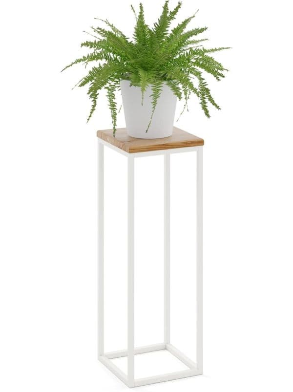 Kwietnik metalowy stojący biały z drewnianym blatem 70 cm