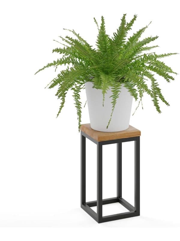 Kwietnik metalowy stojący czarny z drewnianym blatem 30 cm