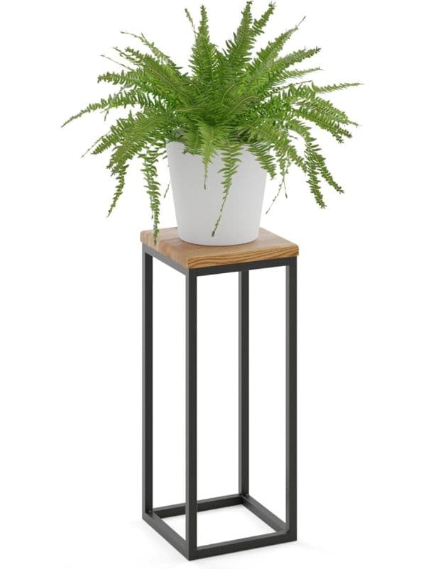 Kwietnik metalowy stojący czarny z drewnianym blatem 50 cm