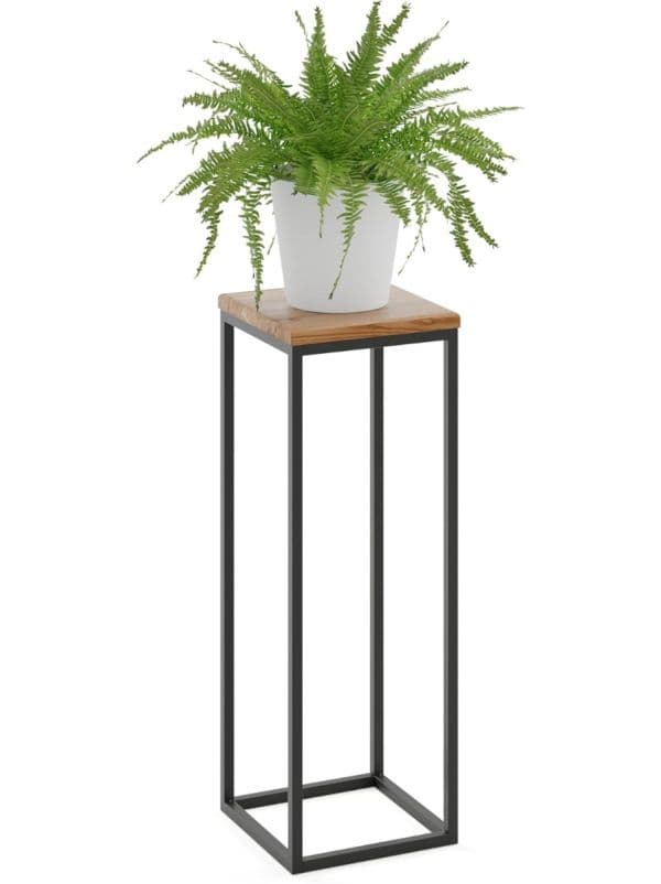Kwietnik metalowy stojący czarny z drewnianym blatem 70 cm