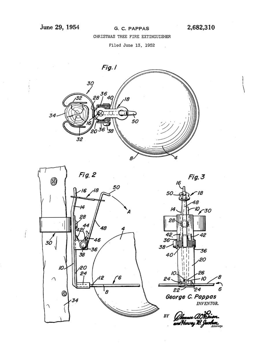 Rysunek patentowy George'a G. Pappasa z 1954 roku - konstrukcja bombki gaśniczej do choinki pokazująca mechanizm mocowania do pnia oraz przekroje techniczne urządzenia.