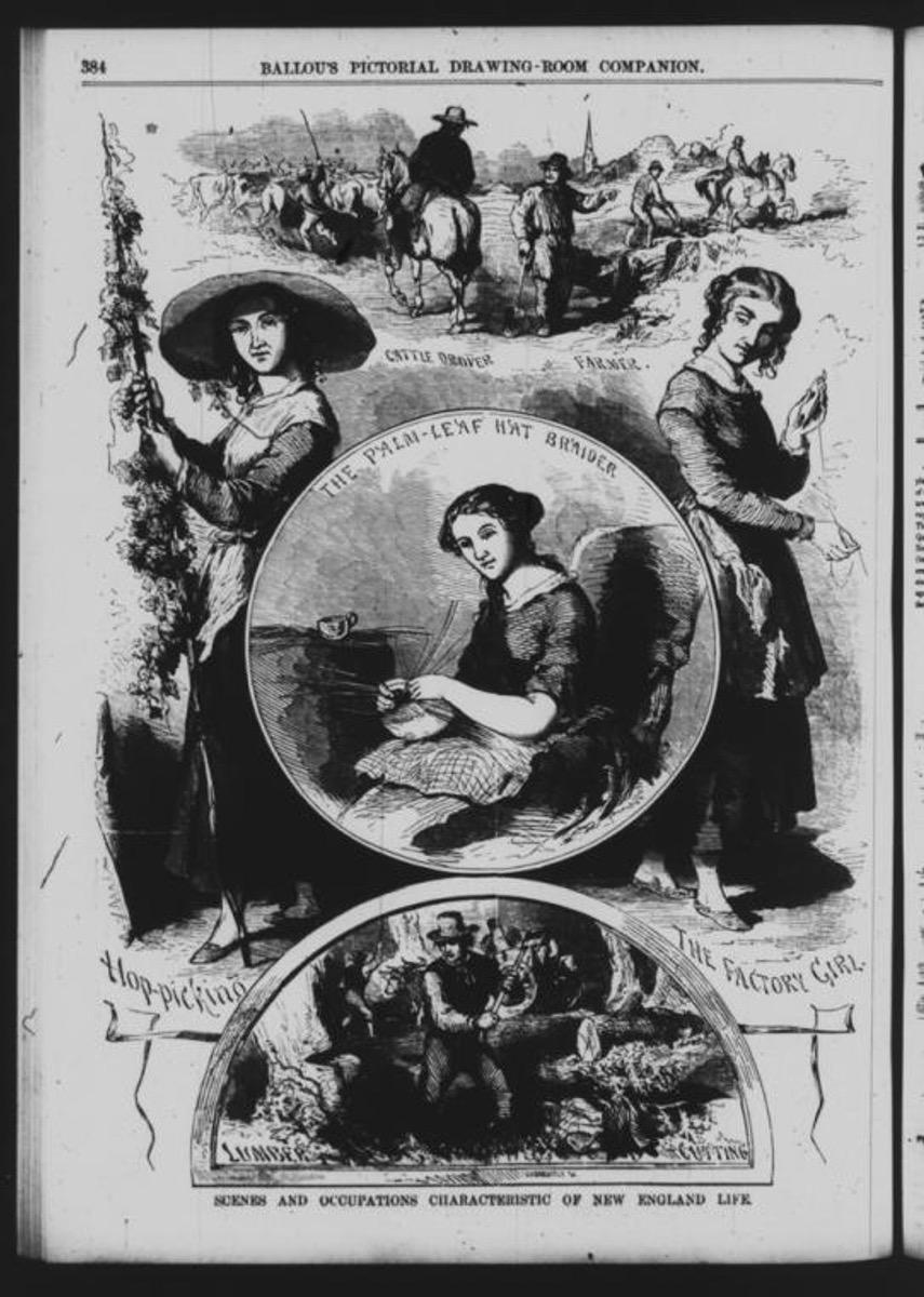 Ilustracja przedstawiająca sceny i zawody charakterystyczne dla życia w Nowej Anglii, ukazująca pracę i codzienność purytańskich społeczności.