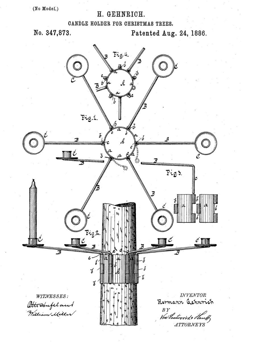 Rysunek patentowy Hermanna Gehnricha z 1886 roku - konstrukcja uchwytu na świece do choinki z mechanizmem mocowania do pnia oraz rozmieszczeniem ramion na świece wok&oacute;ł drzewa.