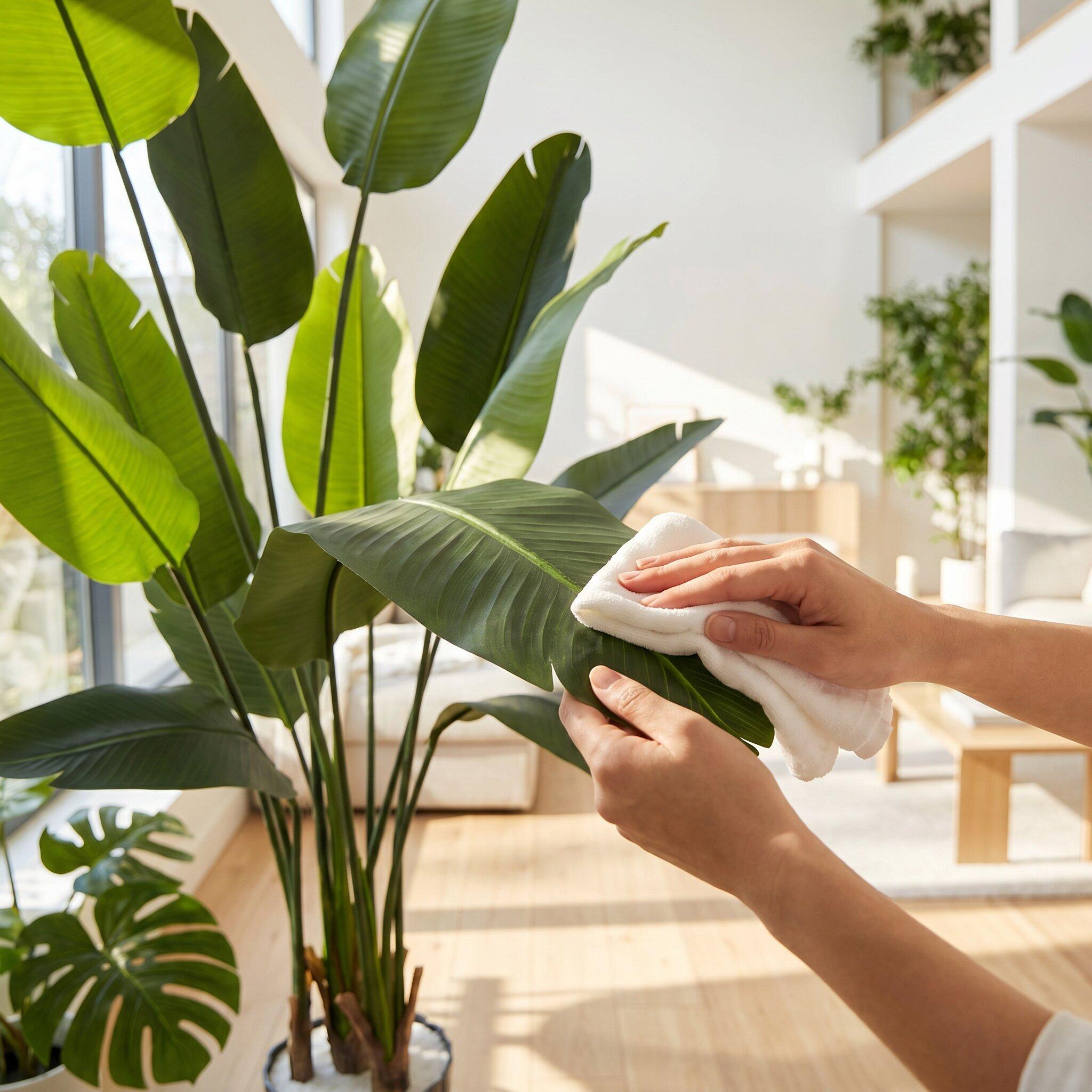 Czyszczenie liści sztucznej strelicji 165 cm FairyTrees pokazuje prostą pielęgnację i łatwość utrzymania rośliny w czystości.