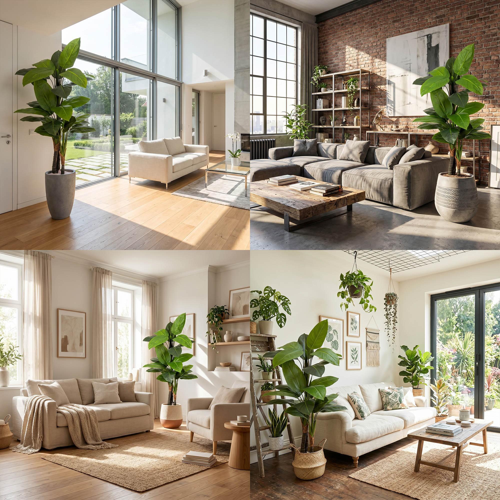 Sztuczna monstera na pniu 160 cm FairyTrees jako dekoracja wnętrza w r&oacute;żnych aranżacjach, dopasowana do nowoczesnych przestrzeni.